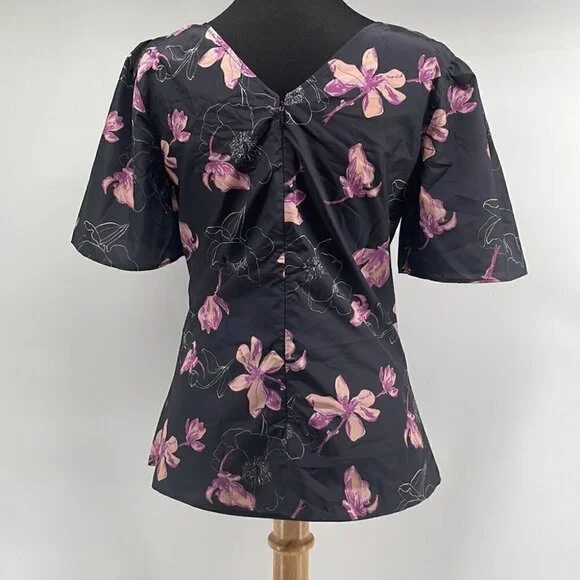 CLUB Monaco NWT Ruched Flutter Sleeve Top floral career shirt sz small - Picture 4 of 12